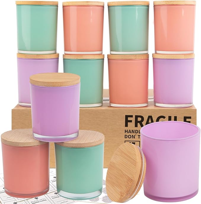 CONNOO 12 Pack 10 OZ Colorful Glass Candle Jars | Airtight Bamboo Lids Nice Sticky Warning Labels for Candle Making Empty Container Bulk - Dishwasher Safe