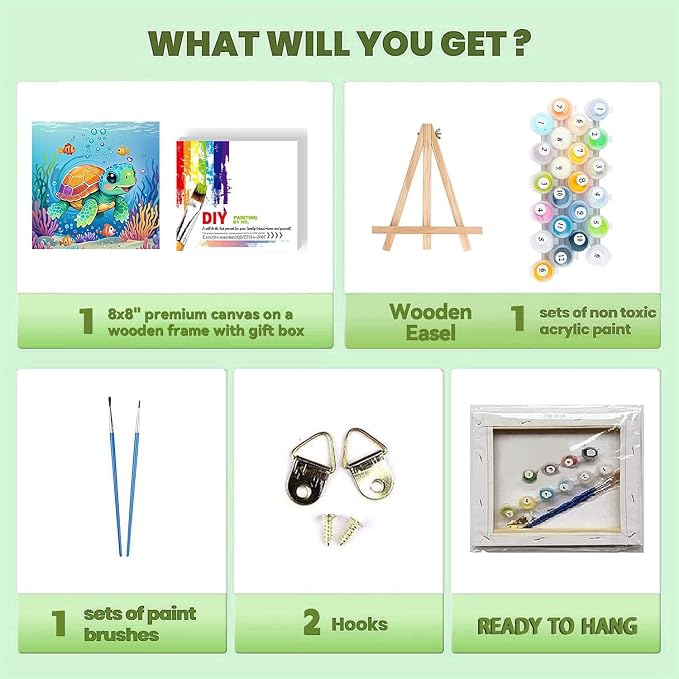 cviokrdu Turtles Paint by Numbers Kit for Kids with Frame - Wooden Easel, Sea Animals Paint by Numbers for Kids Ages 4 8 12, Easy Acrylic Oil Painting Kits for Home Wall Decoration 8x8 inch
