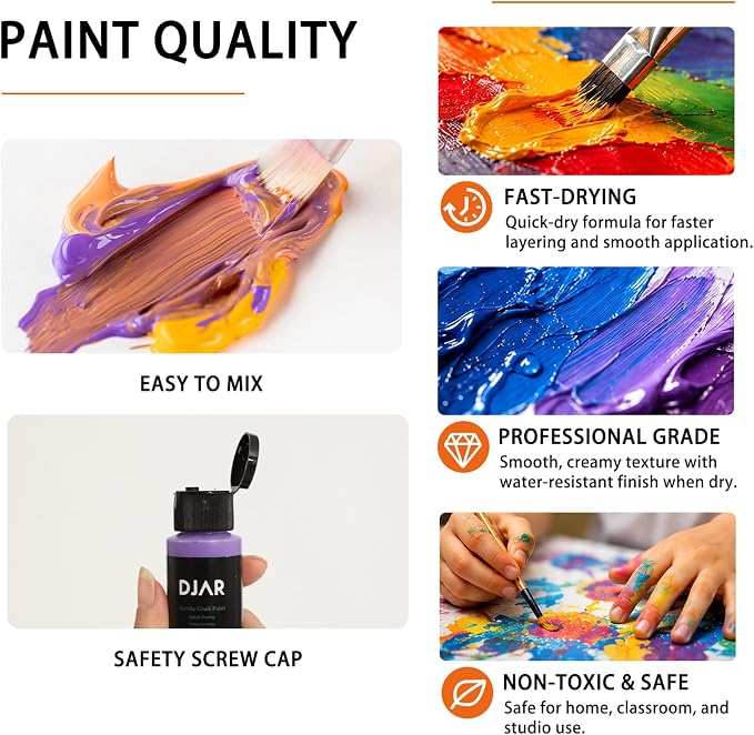 DJAR 36 Colors Acrylic Paint Set for Artists Beginners, 2 fl oz/60ml | Rich Pigments Colors Painting Supplies, Waterproof & Fast Dry, Works on Canvas, Rocks, Wood, Ceramic & Fabric, Safe Non-Toxic