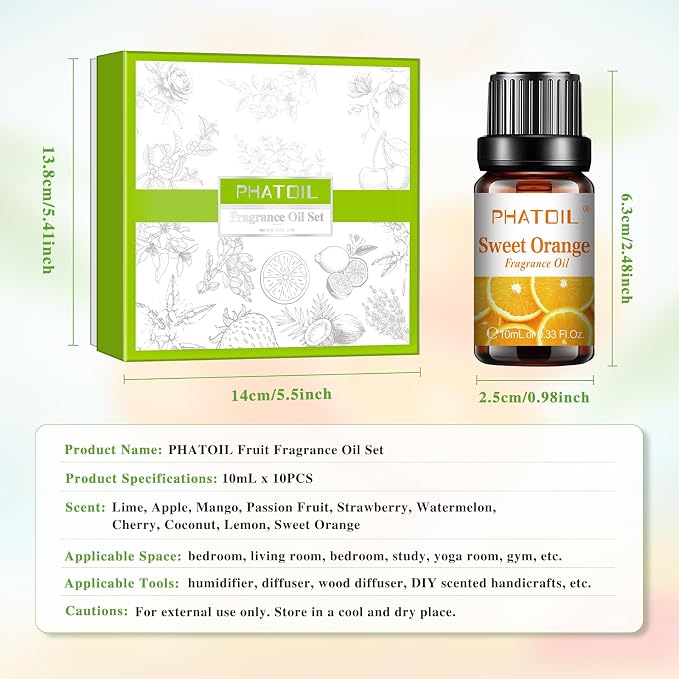 PHATOIL Fragrance Oil Set 10 Oils for Home Diffuser, Aromatherapy 0.34fl.oz