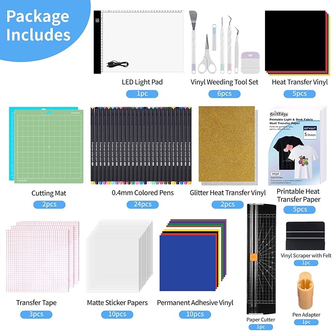 All-in-One Cutting Machine Accessories Bundle — Compatible with Most Cutting Machines, HTV & Permanent Vinyl, Weeding Kit, LED Light Pad, Paper Cutter