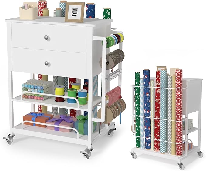 Wrapping Paper Storage & Organizer, Craft Cart with Ribbon & Gift Bag Storage, Wrapping Paper Organizer Holder(2 Wooden Drawers-White)
