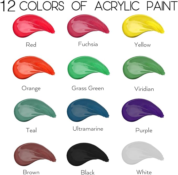 Acrylic Paint Set of 12 Colors 2fl oz 60ml Bottles,Non Toxic 12 Colors Acrylic Paint No Fading Rich Pigment for Kids Adults Artists Canvas Crafts Wood Painting