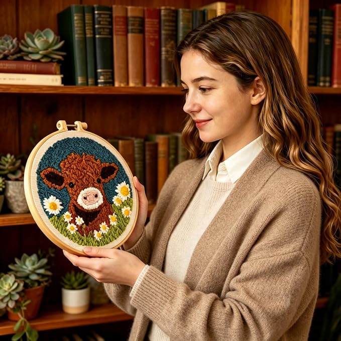 DIY Punch Needle Kits Highland Cow with Daisy Flower with Hoop 20x20cm-1 | with Pattern Stamped Easy for Beginners Embroidery Punch Needle Starter Craft Set for Adults Festival Gift and Decoration