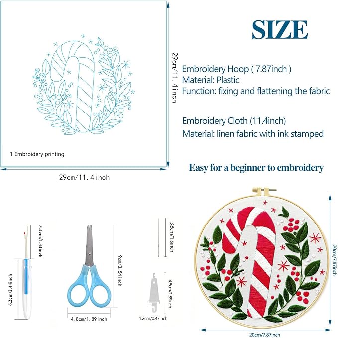 Zhenqing Christmas Embroidery Kit for Beginners - 4 Piece 29x29cm Round Designs with Embroidery Hoop, Threads & Tools (Snowy Cabin, Fireplace, Candy Cane, Holly)(C0066)