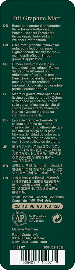 Faber-Castell Pitt Graphite Matte Pencil Set, Metal Tin of 6 Graphite Pencils, Sketching and Drawing Pencil Set (B, 4B, 6B, 8B, 10B, 12B)