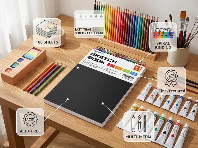 Soucolor Sketch Book 9" x 12", 100 Sheets Kids Art Sketchbook Drawing Pad | 68lb Acid-Free, Fine-Texture Paper, Top Spiral for Lay-Flat, Gift for Teens Girls Boys Beginners Adults, School Art Supplies