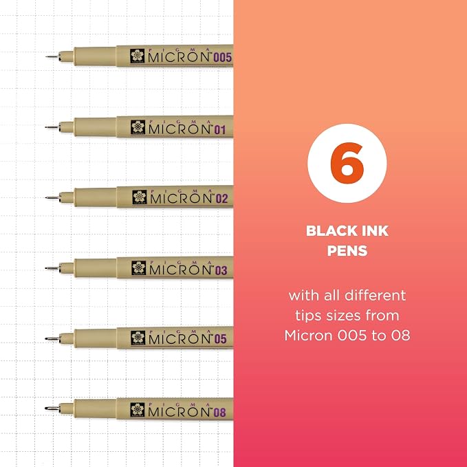 SAKURA Pigma Micron Fineliner Pens - Archival Black Ink Pens - Pens for Writing, Drawing, or Journaling - Assorted Point Sizes - 6 Pack | Archival Black Ink Pens for Writing, Illustration & Journaling, Great for Artists, Crafters & DIY Gift Projects