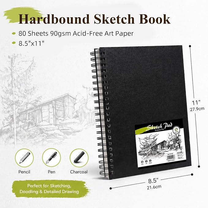 Conda 8.5"x11" Hardbound Sketch Book, 80-Sheets 90gsm Double-Sided Hardcover Sketchbook, Spiral Sketch Pad, Durable Acid Free Drawing Art Paper for Adults