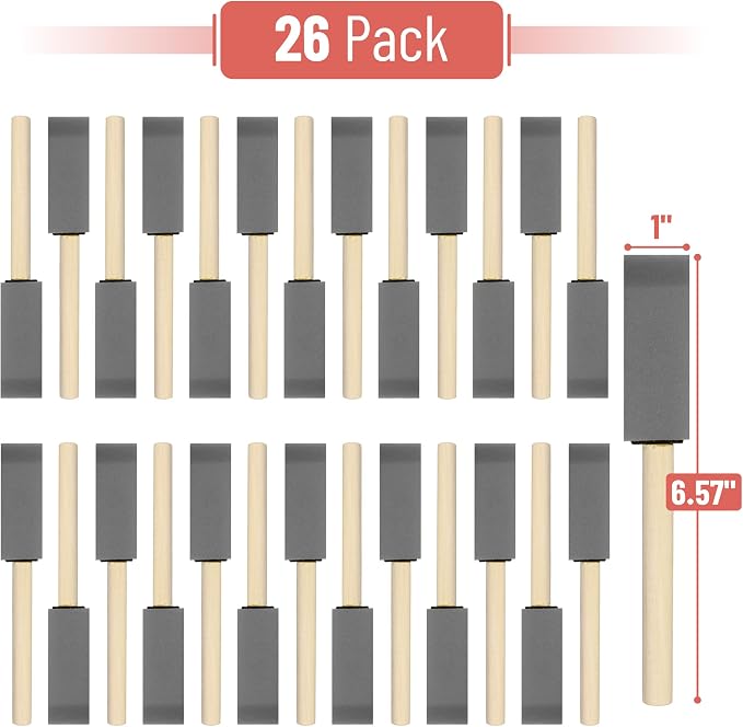 Bates- Foam Paint Brushes with Wood Handle, 1 Inch, 26 Pack, Gray, Sponge Brushes for Painting, Sponge Paint Brush