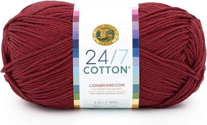 Lion Brand Yarn, 24/7 Cotton Mercerized Lightweight Yarn for Knitting, Crochet, and Crafts, Burgundy, 1 Pack, 185 Yards of Natural Fiber for Breathable Tops, Durable Bags, and Easy-Care Dish Cloths