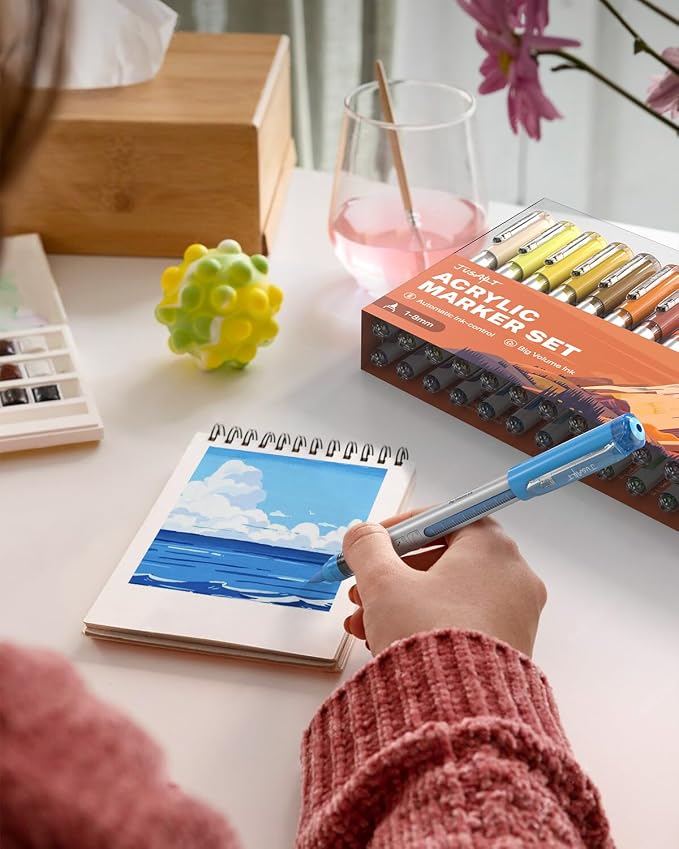 JusArt Acrylic Paint Markers Brush Tip 30 Colors, Automatic Ink Control