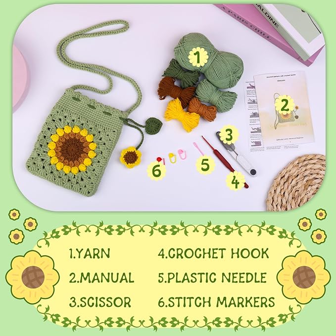 Fedmut Crochet Kit for Beginners, Sunflower Phonebag Crochet Kit for Adults