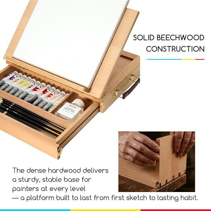 MEEDEN Table Top Easel with Drawer: Tabletop Easel with Sketching Board | Portable Painting Easel with Storage - Wood Pochade Sketch Box for Artist Art Students Beginners Natural