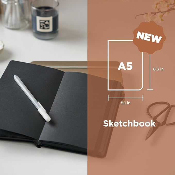 Sakura Sketchbook A5, 160 Pages, 5.1 x 8.3", Black Hardcover, Black Paper | Drawing Sketchbook for Visual Journaling & Illustration, 140 GSM Paper, Hardcover, Effortless Sketching