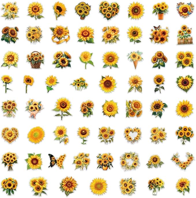 60Pcs Sunflower Stickers,Transparent Sunflower PET Sticker | Colorful Waterproof for Laptop,Guitar, Phone,Water Bottles,Stationery, Luggage Scrapbooking, Water Bottlesr Refrigerator