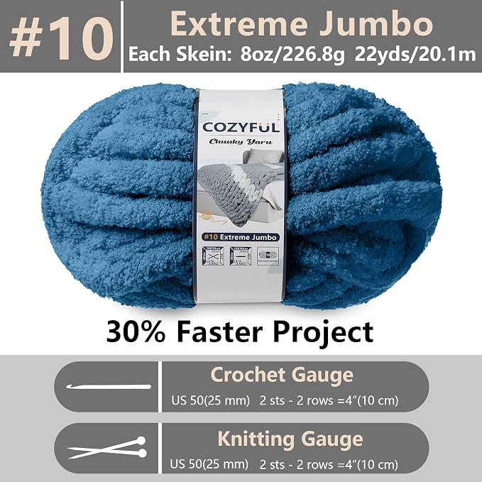 Cozyful Chunky Yarn for Hand Knitting - #10 Chunky Chenille Yarn, Jumbo Big Thick Chunky Yarns for Crocheting, Super Bulky Chunky Knit Blanket Yarns, 8 Skein (22 yds 8 oz Each Skein), Indigo