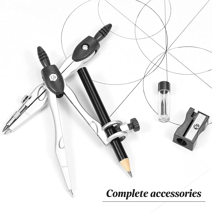 Unjoo Math Geometry Kit Sets 10 Piece Student Supplies, Compass Set, Black | Shatterproof Storage Box,Rulers,Protractor,Compass,Eraser,Pencil Sharpener,Lead Refills,for Classroom