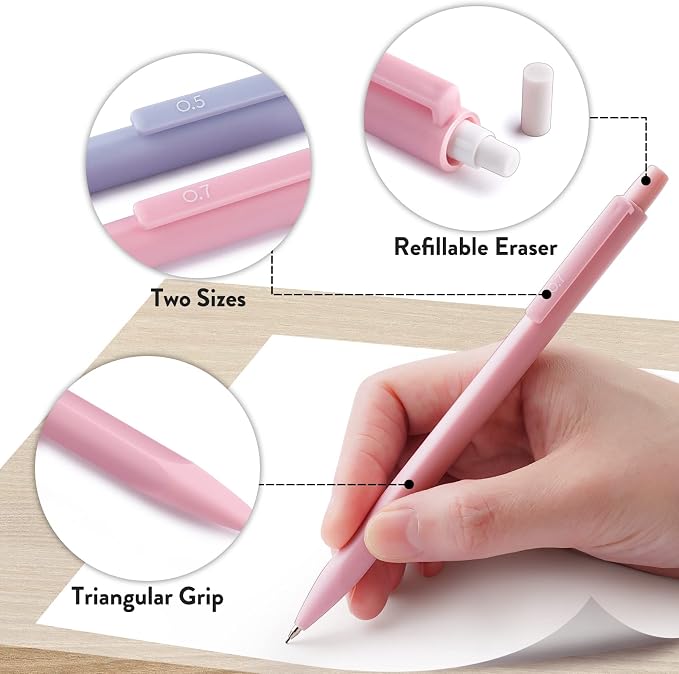 Four Candies Cute Mechanical Pencil Set, 6-Pack 0.5/0.7mm | 360 Lead Refills, 3 Erasers, 9 Eraser Refills, Storage Case, Back to School Supplies for Girls, Pastel Aesthetic Stationery
