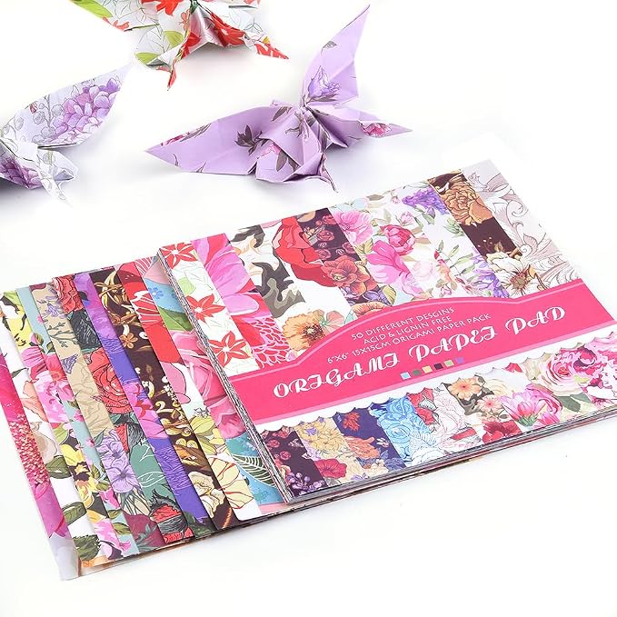 Origami Paper 50 Sheets, 6-Inch Square Double Sided Colored Craft Paper | 70GSM colorful paper,50 Vivid Pattern Origami Kit,DIY Hand Crafts,Arts Creativity,Easy to Fold,No-Fading.Rose