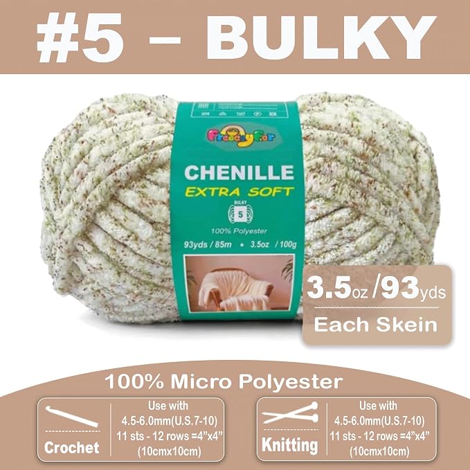Super Soft and Cozy Chenille Yarn for Crocheting and Knitting -Easy to Crochet with-Bulky #5, 3.5oz/93yds -Chunky Plush Yarn for Hand Craft Blanket Ammigurumi (Green Coffee, 3 Pack)