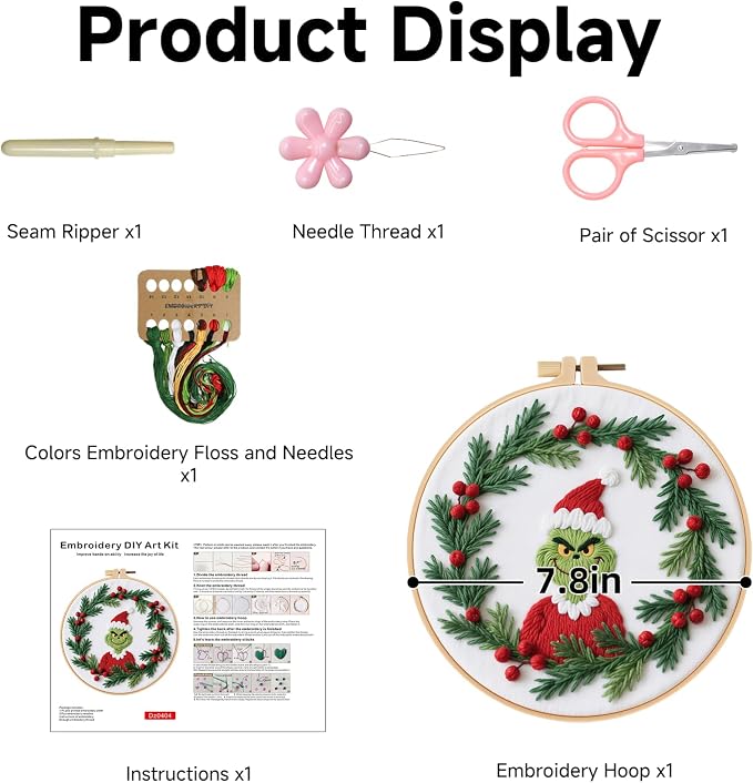 BBLYBD Christmas Embroidery Kit, 1 Set Cross Stitch Craft Kit for Beginners with Pre-Printed Embroidery Fabric, Hoop, Step-by-Step Instruction, Color Threads & Needles (Christmas-1 Set)