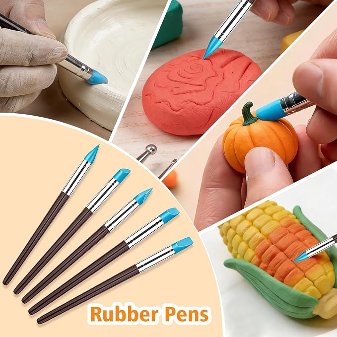 17PCS Silicone Clay Sculpting Tools, Dual-Ended Dotting Tools Set with 1.7 FL OZ Air Dry Clay Glaze for Pottery, Ceramic Modeling, Rock Painting, Art Blending - Ideal for Adults & Kids DIY Crafts