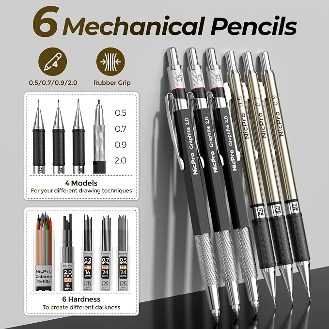 Nicpro 58PCS Art Drawing Supplies Kit, Leather Case, Art Supplies for Adult | Sketching Kit with 12 Micron Pen, 6 Art Mechanical Pencil Set 0.5-2mm, 100 Sheets Sketch Book, Best Gift for Artist Teen