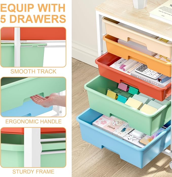 SYKIARIOL Utility Cart with Drawers,5 Drawers Storage Cart,Macaron | 5-Tiers Storage Cart with Drawers with Lockable Wheels for Craft Organizers and Storage,Home Office,Classroom,Dorm,Playroom