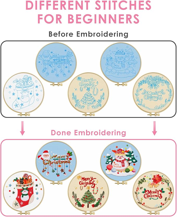 TINDTOP Christmas Embroidery Kit for Adult, 5 Pack Embroidery DIY Starter Kit, with Stamped Patterns, Hoop, Tools, Colorful Threads with Needles, Instructions | 5 Pack with Stamped Patterns, Hoop, Tools, Colorful Threads with Needles, Instructions