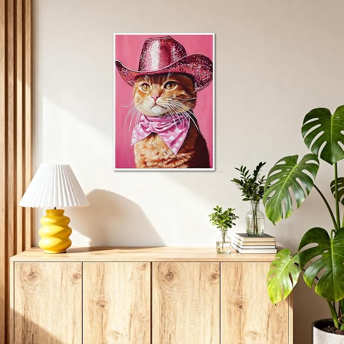 DAZZLEDOTS Cowboy Cat Diamond Art Kits for Adults, Pink Diamond Painting