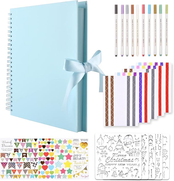 GOTIDEAL 12 x 12 Inch Scrapbook Album with 10 Metallic Markers, Blue | 80 Pages Craft Paper Photo Album for Wedding and Anniversary, Family DIY Photo Album with Scrapbooking Stickers Corners