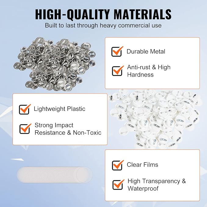 VEVOR 500 Sets 1 inch 25mm Pin Back Button Parts for Button Maker Machine, DIY Round Button Badge Parts, Set Includes Metal Top, Plastic/Metal Button, Clear Film, and Blank Paper for Gifts Presents