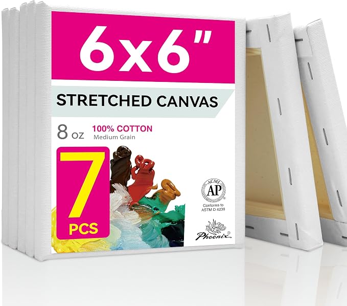 PHOENIX Small Stretched Canvas for Painting 6x6 Inch/7 Value Pack, 8 Oz Triple Primed 5/8 Inch Profile 100% Cotton White Blank Canvas, Square Framed Canvas for Oil Acrylic & Pouring Art