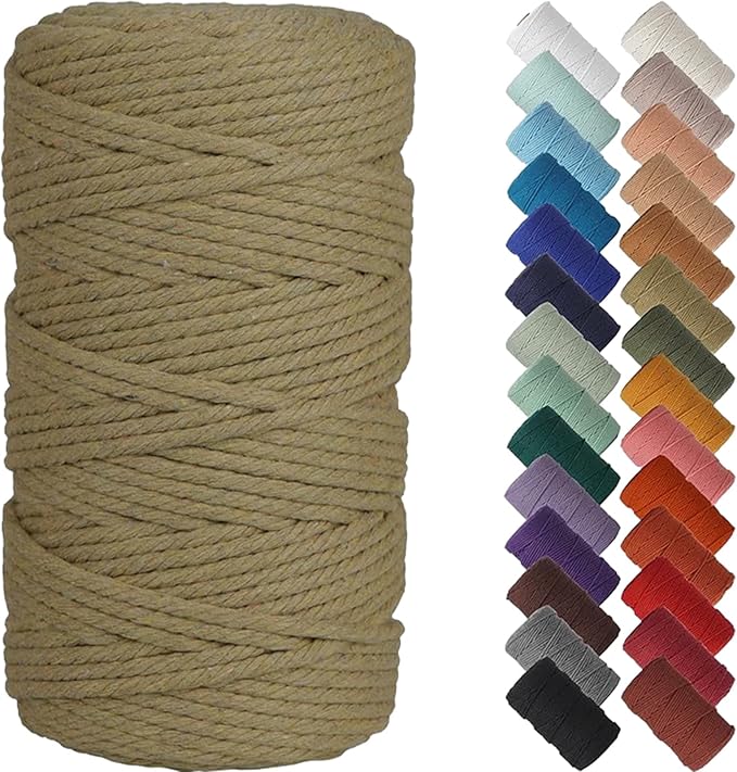 NOANTA Khaki Macrame Cord 4mm x 109yards, Colored Cotton Rope Macrame Yarn | Macrame Rope Supplies, 3 Strand Twisted Cotton Yarn String, Cotton Cord for Wall Hanging, Plant Hangers, Crafts, Knitting