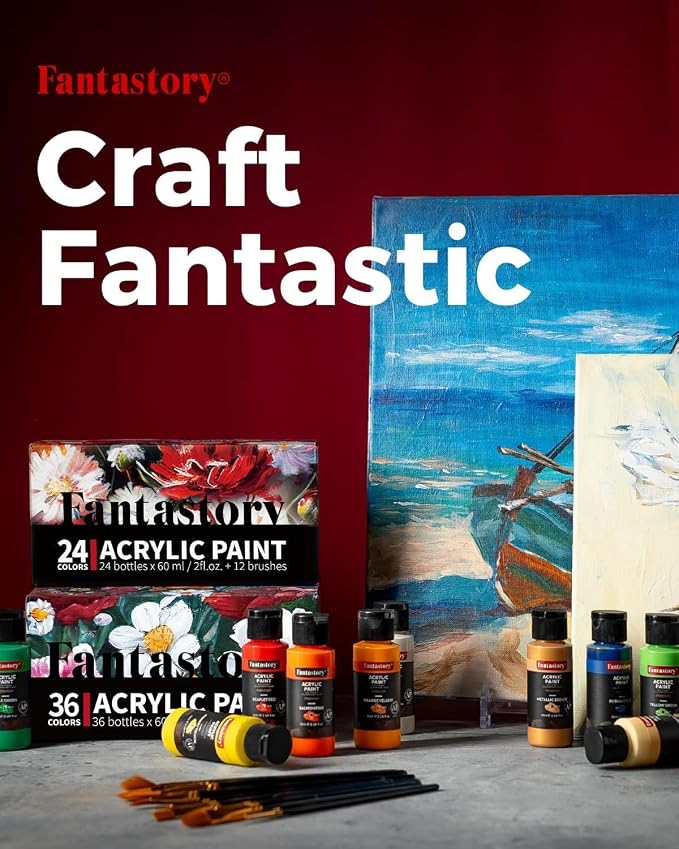 Fantastory 60ml 36 Colors Acrylic Paint Set with 12 Brushes | Professional Series, Thick Paints for Adults, Canvas, Wood, Fabric, Ceramic, Rock Painting