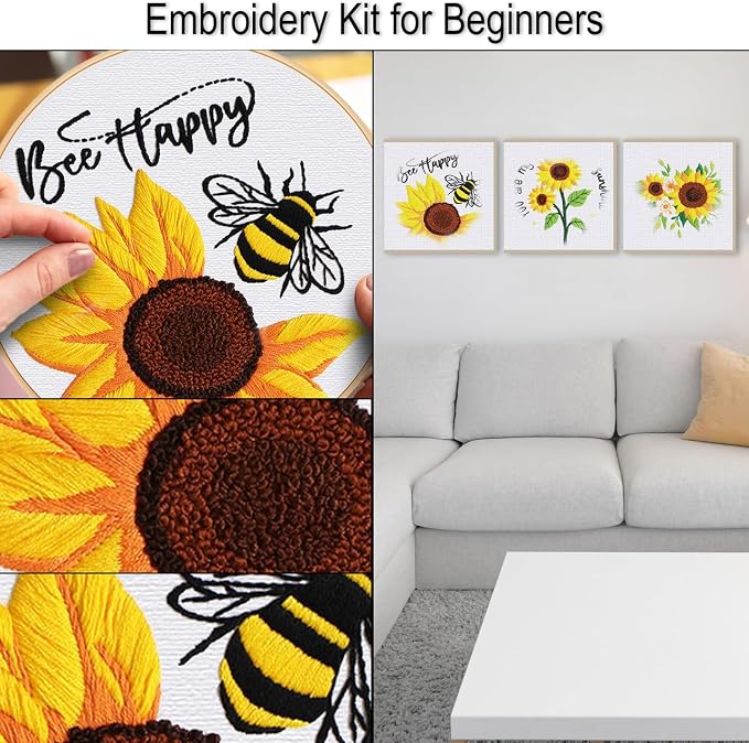 Louise Maelys 3 Set Summer Sunflower Embroidery Kit for Beginners Floral | Bright Sunflower Designs Make a Thoughtful Gift Choice. Needlepoint Kit for DIY Hobbies and Cross Stitch Kits for Adults