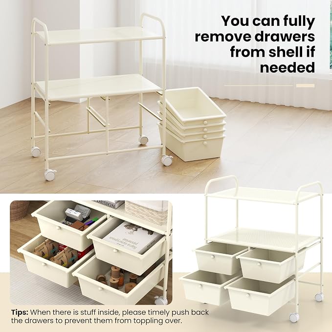 Giantex Rolling Storage Cart w/ 4 Drawers 2 Shelves Metal Rack Shelf Home Office School Beauty Salon Utility Organizer Cart with Wheels, Ivory