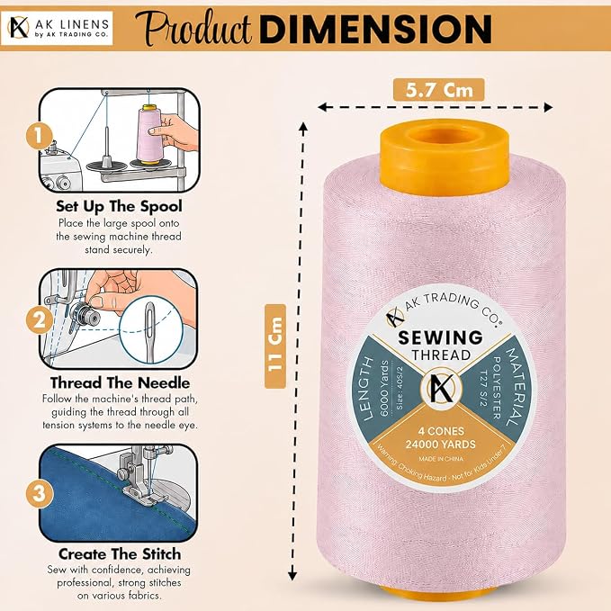 AK TRADING CO. 4-Pack Violet All Purpose Sewing Thread Cones (6000 Yards Each) of High Tensile Polyester Thread Spools for Sewing, Quilting, Serger Machines, Overlock, Merrow & Hand Embroidery