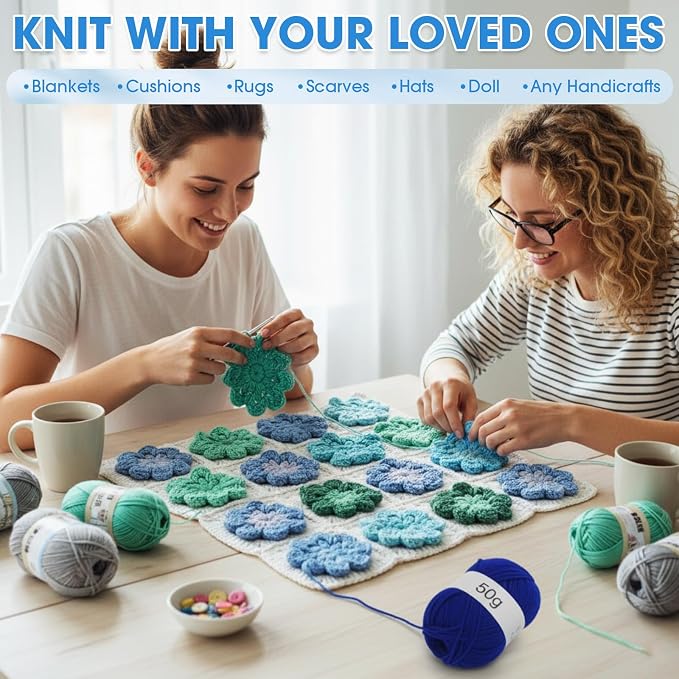 Buryeah Blue Series 8 Packs Crochet Yarn Knitting Bundle Beginner Acrylic Thread Fluffy Hand Tube Polyester Yarn Needles Bulky Kit Variety Pack 726 Yards for Weaving Crafts DIY Project Beginner