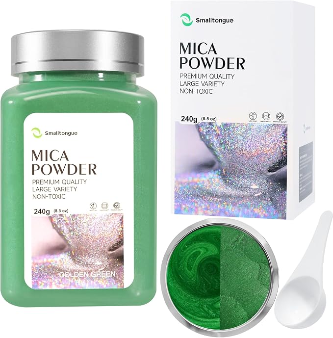 Mica Powder, Golden Green, 240g with Scoop, Complies with ASTM D-4236 | For Epoxy Resin, Soap, Bath Bomb, Candle| Safety Material| Odorless| Brilliant Colors