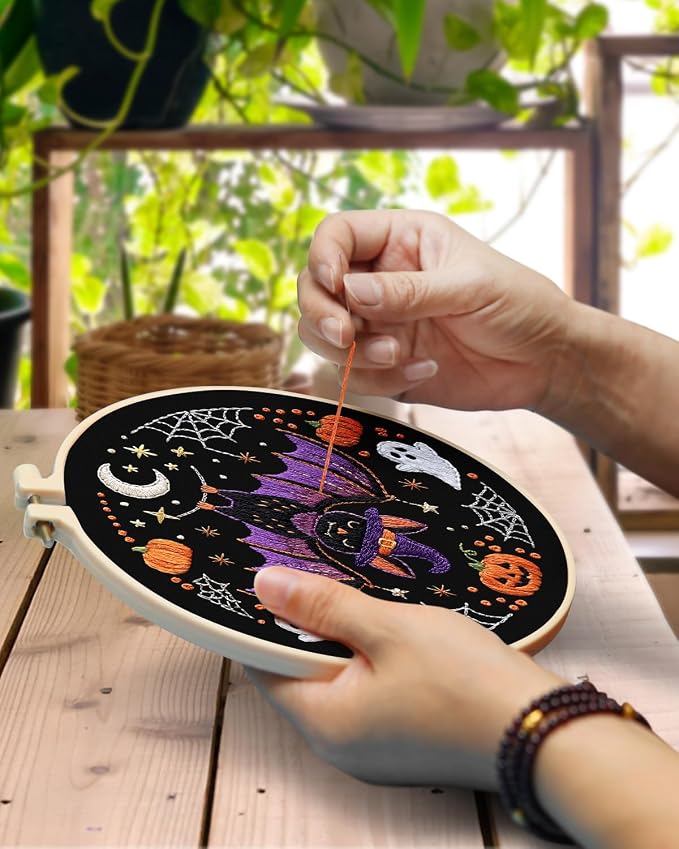 TINDTOP Halloween Embroidery Kit for Adult, 3 Pack Embroidery DIY Starter Kit, with Stamped Patterns, Hoop, Tools, Colorful Threads with Needles, Instructions