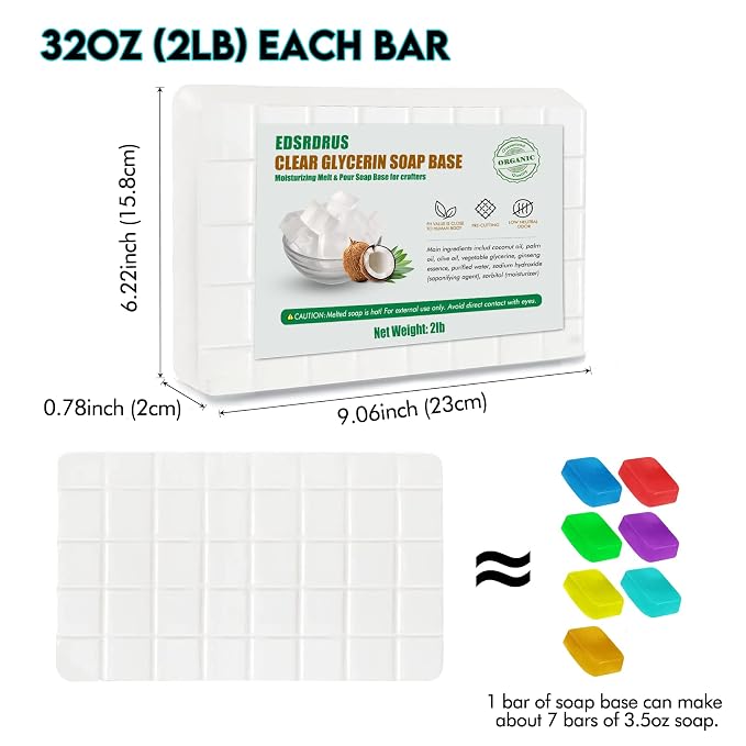 EDSRDRUS 2LB Unscented Glycerin Soap Base DIY Handmade Soap Moisturizing Melt and Pour Soap Base for Crafting, Vegetable Glycerin & Coconut Oil, Easy to Cut (White, 2LB)