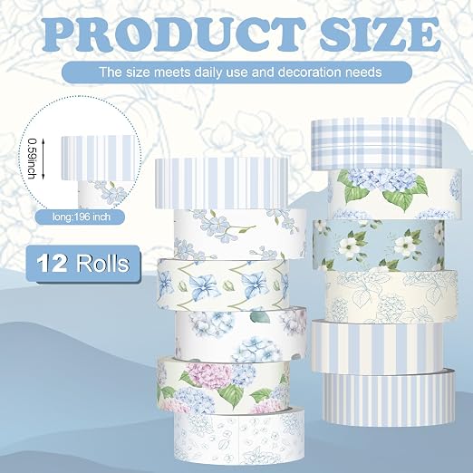 12 Rolls Floral Washi Tape Set,Light Blue,Hydrangea | Watercolor Flowers Design for Scrapbook Journal DIY Craft School Supplies, 15 mm Vintage Decorative Masking Washi Tapes