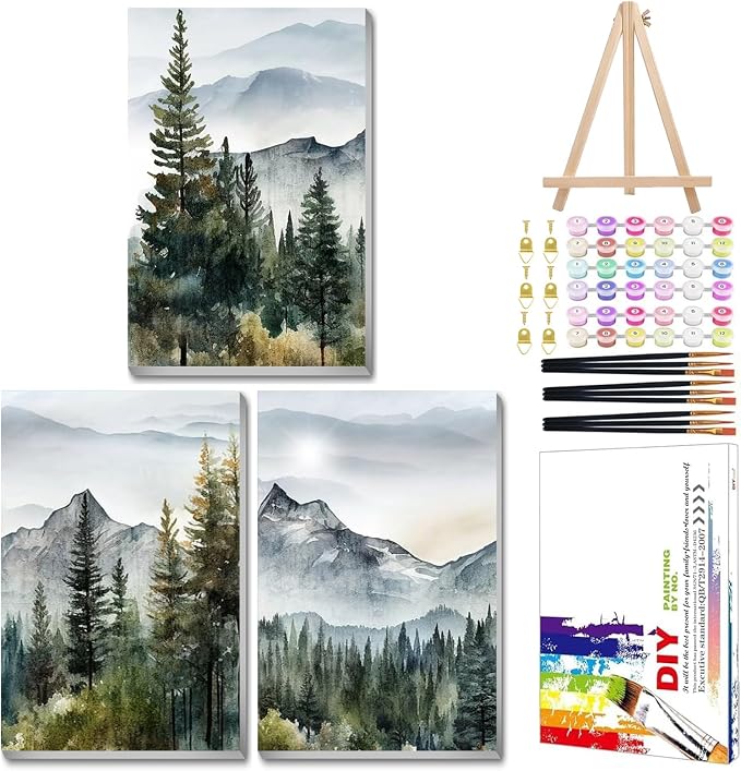 Mandun Landscape Paint by Numbers Kit for Adults, 3 Pack, 7.8x11.8 inch | DIY Painting Kits Crafts for Adults, Relieve Stress, Frame Canvas, Wooden Easel, Gift Box, Home Wall Decor