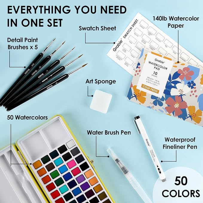 Grabie Set of 50 Color Premium Watercolor Paint Set with Detail Brushes | High Pigment Paints, Rich Color Mixing, Portable Travel Case, All-In-One Art Kit, Watercolor Painting