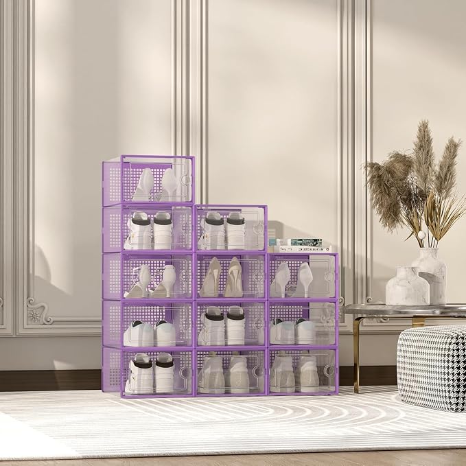 Kuject X-Large Shoe Storage Boxes 12 Pack, Clear Stackable Shoe Organizer