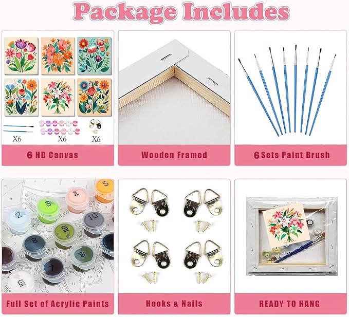 SYDYLH 6 Pack Paint by Numbers Kit with Frame, Easy Acrylic Painting for Kids & Adults, Flowers Paint by Number for Ages 6-12, 8x8 Inch DIY Art Set for Home Wall Decor