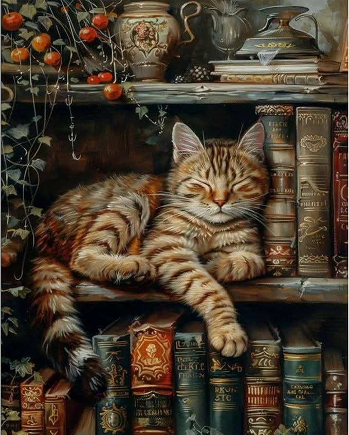Paint by Numbers Kit for Adults, Sleeping Cat & Bookshelf, 16x20 Inch