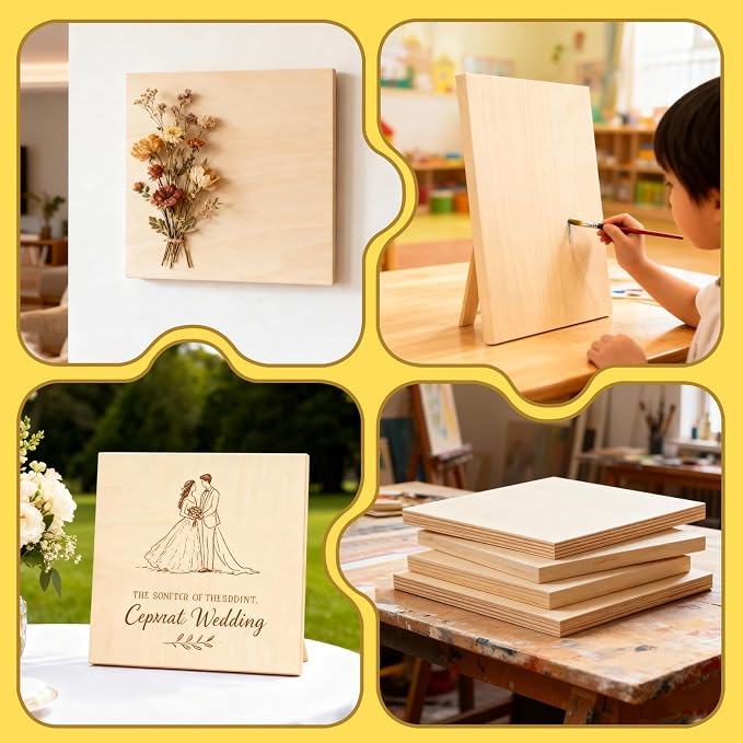 FSWCCK 5 Pack 12 x 12 inch Wood Panel Boards, Unfinished Wood Canvas Wooden for Crafts, Painting Canvas, DIY Art Projects, Pouring, Arts Use with Oils, Acrylics
